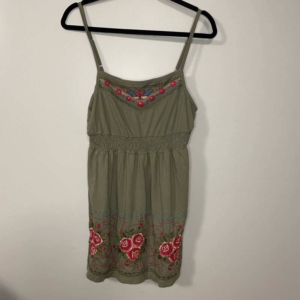 Johnny Was Top Dress Women's L Embroidered Boho Tank Tee Olive Green Floral - Picture 1 of 9